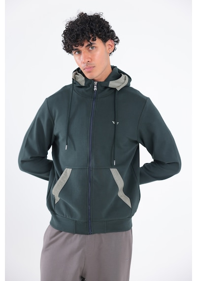 Rowinger Modal Kumaş Kapüşonlu Fermuarlı Kontrast Detaylı Erkek Sweatshirt Darkgreen