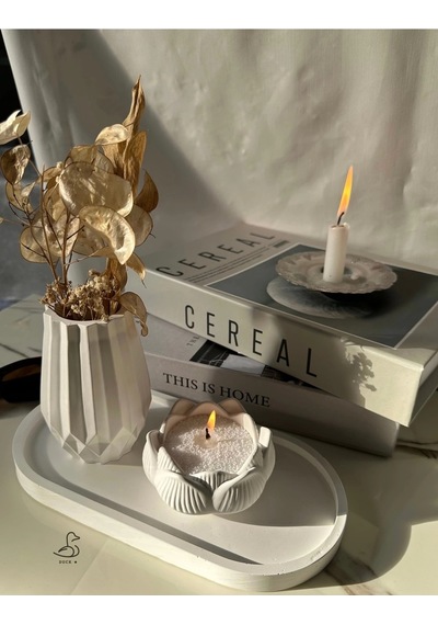 Geometrik Desenli Vazo Ve Lotus Çiçek İnci Tozlu Mumluk 2 Set