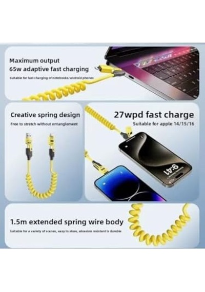 4in1 Spiral Şarj Kablosu 65w Hızlı Şarj - Usb-a Type-c Lightning Çoklu Kablo - Esnek Yay Tasarım - Premium Kalite Çok Fonksiyonlu Data Kablosu Sarı
