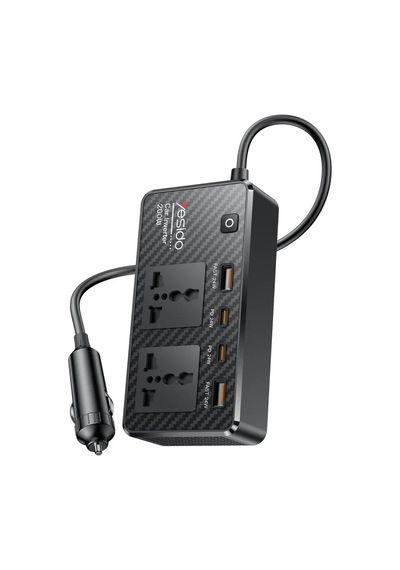 Coverzone Vc07 200w Araç İçi İnvertör 220v Ac Güç Dönüştürücü, 2 Ac Priz, 2 Usb-a Qc3.0, 2 Usb-c Pd Hızlı Şarj, 12v Çakmak Girişli, 50 Cm Kablolu Car Power Inverter Yesido Vc07