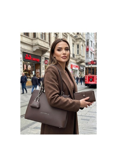 Just Polo Lüks Tasarım Model Büyük Boy Premium Gümüş Logolu El Çantası Ve Cüzdanı Kombin Tote Bag Shopper 22 X 34 Cm Kahverengi Kombin