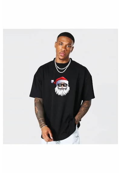 Modi Yılbaşı Gözlüklü Noel Baba Baskılı Kısa Kollu Oversize Bisiklet Yaka T-shirt - Siyah Açık Lacivert - Gri - Siyah