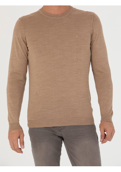 Cacharel Camel Slim Fit Bisiklet Yaka Triko Kazak Kahverengi