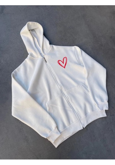 Kadın 3 İplik Pamuklu Fermuarlı Kapüşonlu Sweatshirt Hoodie Hırka - Beyaz