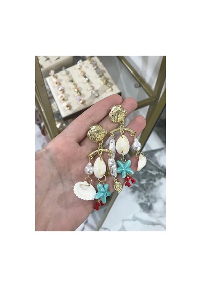Deniz Kabuklu Ve Gold Detaylı Küpe Çok Renkli