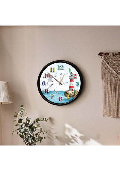 Martılar Ve Deniz Feneri Temalı Dekoratif Duvar Saati 28 Cm Sessiz Mekanizma Çok Renkli