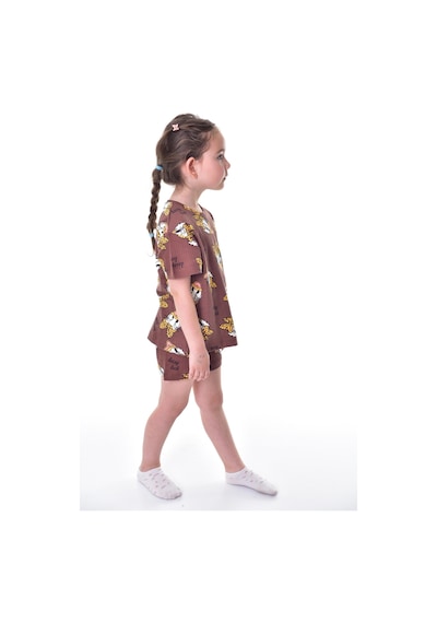 %100 Pamuk Interlok Kumaş Kısa Kollu Şortlu Kız Çocuk Pijama Takımı 3,4,5,6,7,8 Yaş Kahverengi