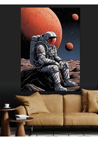 Ahşap Tablo Uzayda Oturan Modern Astronot Figürü