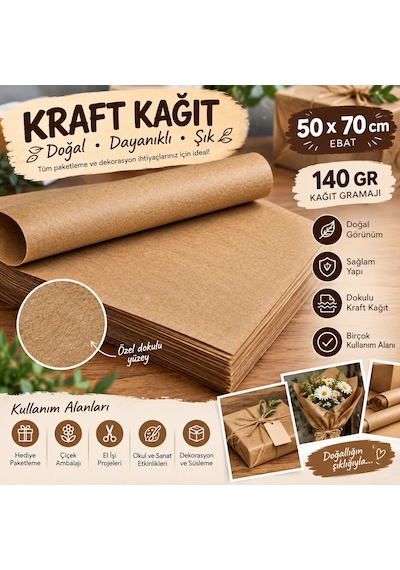 Kraft Kağıt 50x70 Cm 140 Gram 100 Adet Dokulu Ambalaj Kağıdı, Hediye Paketleme, Çiçek Sarma Ve Hobi Kağıdı