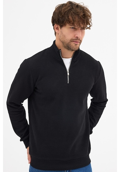 Mmetalic Erkek Siyah Standart Fit Normal Kesim Pamuklu Yarım Fermuarlı Dik Yaka Pamuklu Sweatshirt Siyah