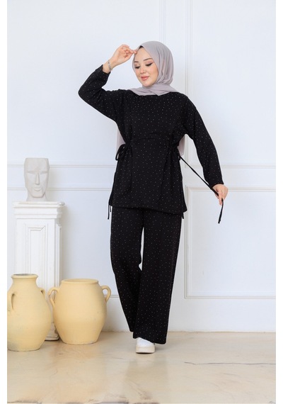 Unika Boutique Kadın Siyah Modal Kumaş Taşlı İkili Takım Tesettür Takım