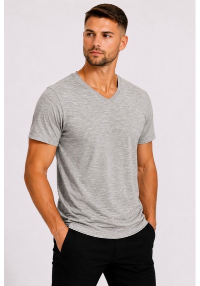 Axxel Erkek Toprak Melanj Pamuklu V Yaka Kısa Kollu T-shirt-d804