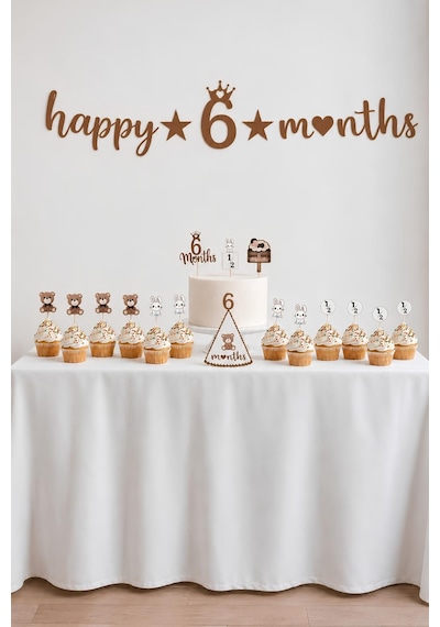 6 Ay Temalı Kahverengi Parti Seti Happy 6 Months Banner, Pasta Süsü, Kürdan Süs Ve Parti Şapkası Seti