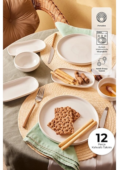 Emsan Parla Porselen 12 Parça 6 Kişilik Kahvaltı Takımı Beyaz