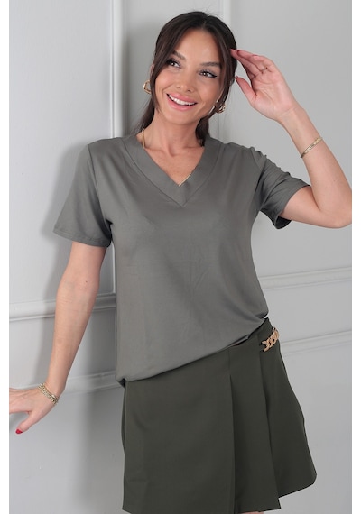 By Saygı Kadın V Yaka Yırtmaçlı Kısa Kol Bluz Çağla Yeşili By Saygı Kadın V Yaka Yırtmaçlı Kısa Kol Bluz Çağla Yeşili