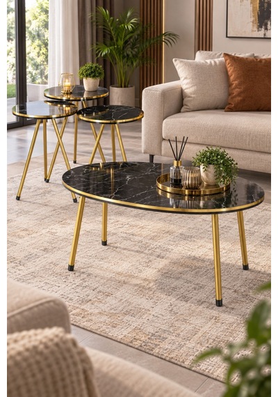 Sulorahome Siyah Ve Gold Metal Ayaklı 4'lü Sehpa Seti Siyah - Altın