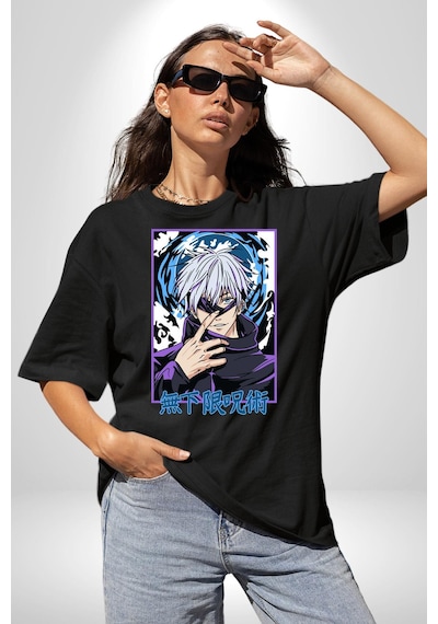Jujutsu Vintage Washed - Megumi Gojo Anime Manga Pamuklu Bisiklet Yaka Unisex Oversize Boyfriend Dijital Baskılı Siyah T-shirt Siyah