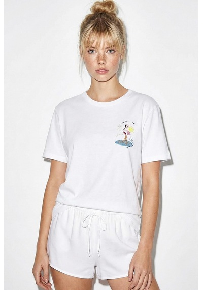 Shade Kadın Pamuk El İşi Flamingo Nakış Detaylı  Tasarım T-shirt 1004 60282049 - Beyaz L