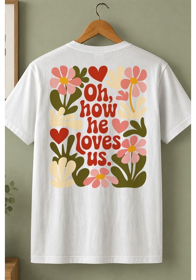 Spoyi Retro Love Tasarımlı %100 Pamuk Yarım Oversize Beyaz T-shirt