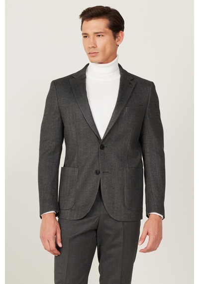 AC&Co / Altınyıldız Classics  Erkek Antrasıt Slim Fit Dar Kesim Mono Yaka Desenli Yünlü Ceket Antrasit
