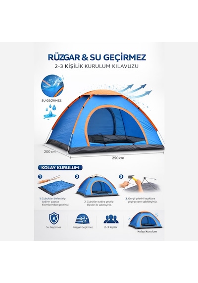 Büro Ev Ofis Kamp Keyfi İçin 220x250x150cm 3kişilik Manuel Kurulum Doğa Çadırı Diğer