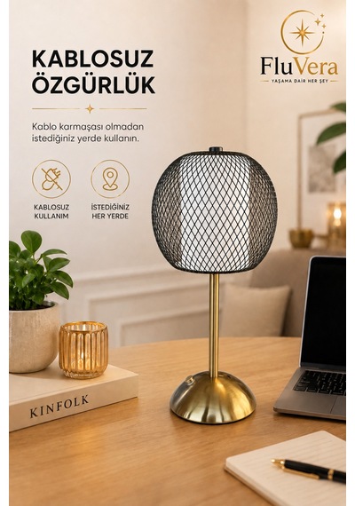 Şarjlı Siyah Telli Led Masa Lambası Kablosuz Dokunmatik Usb-c Taşınabilir Dekoratif Gece Lambası Siyah