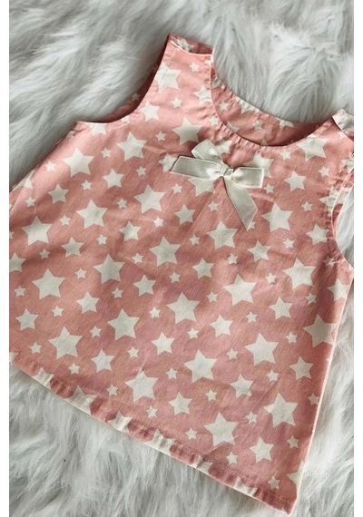 Yıldız Desenli Pembe Poplin Kız Çocuk Bebek Bluz Üst 001