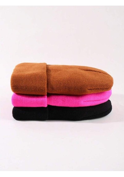 Eke Tekstil Unisex Katlamalı 3'lü Bere Seti Fuşya - Kiremit - Siyah