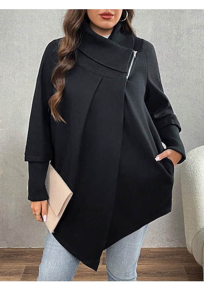 Siyah Kadın Asimetrik Kesim 3 İplik Şardonlu Sweat Ceket Fermuarlı Yaka, Cepli, Oversize Siyah