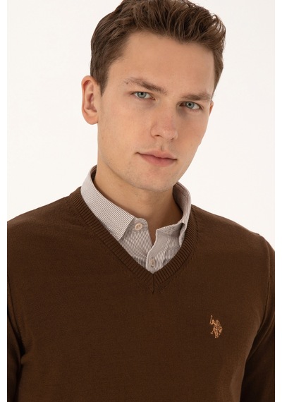 U.S. Polo Assn. Erkek Slim Fit V Yaka Kahverengi Basic Triko Kazak 50313662-VR029