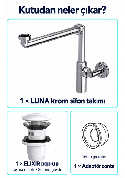İz Yapı Luna Krom Sifon Seti Elixir Beyaz Seramik Pop-up Taşma Delikli Lavabo Sifonu