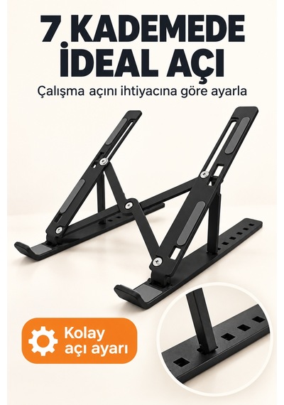 7 Kademeli Ayarlı Katlanabilir Laptop Ve Tablet Standı Siyah Kaymaz Silikon Destekli Masaüstü Tutucu