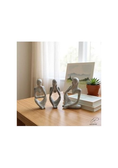 Mermer Görünümlü Düşünen İnsan Figürü 3'lü Set - Dekoratif - Modern Porselen Tozu Obje - 12.5 Cm Genel