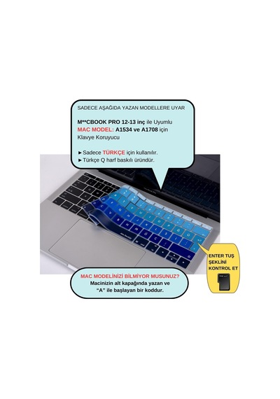Türkçe Q Klavye Koruyucu Macbook A1534 A1708 Uyumlu Uk Avrupa Ters L Enter Silikon Klavye Koruyucu Turkish Q Keyboard Cover Lacivert Mavi