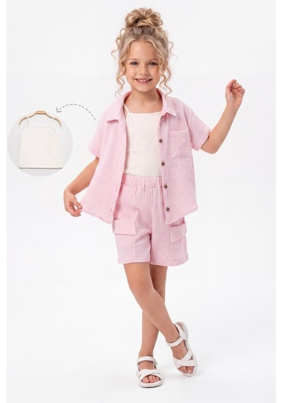 Mnk Baby & Kids Kız Çocuk 3 Parça Pamuklu Müslin Rahat Takım M00837 Pembe