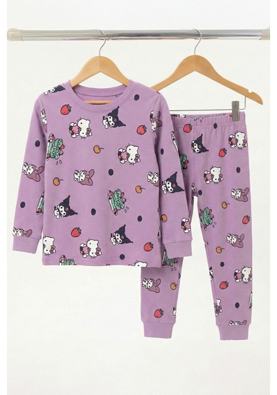 Cute Hello Kitty Ve Kuromi Desenli Kız Çocuk Pijama Takımı Lila