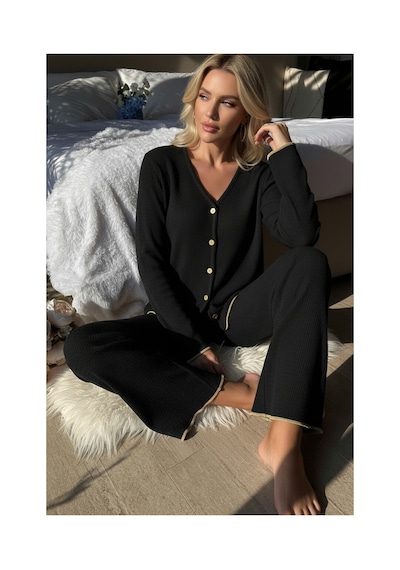 Moda Dua Premium Kadın Fitilli Pijama Takımı Siyah Gold Biye Detaylı, Yumuşak Dokulu Ev Şıklığı