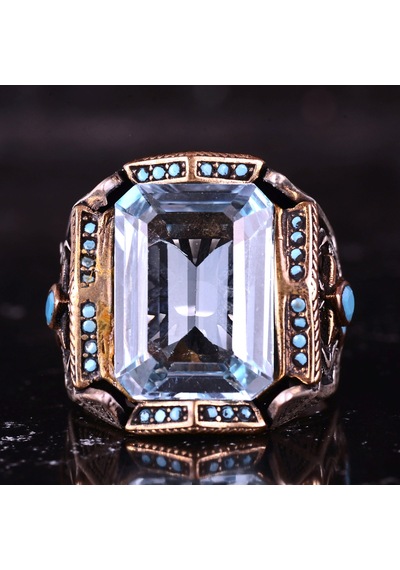 Kambo El Yapımı 925 Ayar Gümüş Mavi Topaz Taşlı Erkek Yüzük - 21 Gr