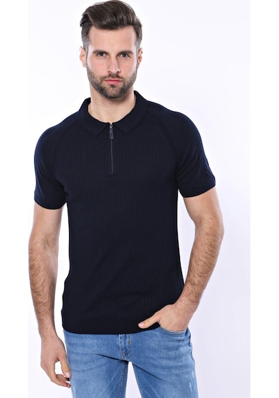 Yake Store Polo Yaka Fermuarlı Örme Lacivert Erkek T-shirt - Wessi - Lacivert siyah