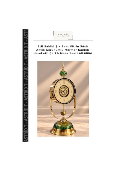 Stil Sahibi Şık Saat Vitrin Süsü Antik Görünümlü Mermer Kaideli Hareketli Çarklı Masa Saati Alk6064