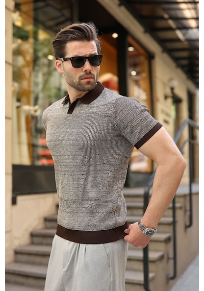 Madmext Kahverengi Polo Yaka Regular Fit Erkek Triko Tişört E7496 Taş Rengi
