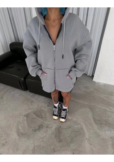 Tua Moda Oversize Tam Fermuarlı Uzun Kol Hırka - Gri Gri