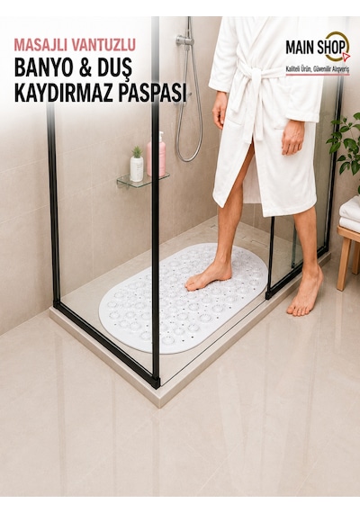 Mainshop Kaydırmaz Duşakabin Banyo Ve Duş Paspası Masajlı Vantuzla Yapışır 37 X 69 Cm M-142 Beyaz