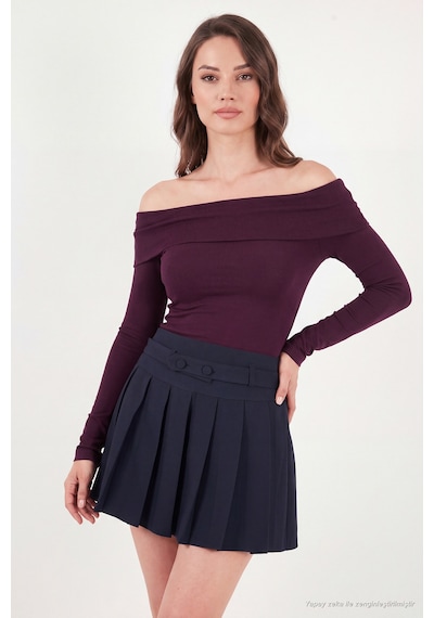 Lela Pamuklu Fitted Fit Madonna Yaka Bluz Kadın Bluz 5866862 Mürdüm