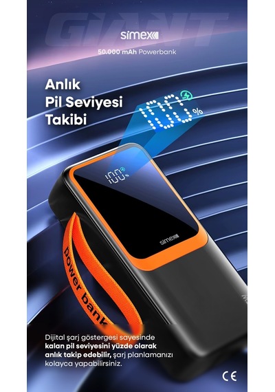 Simex 50.000 mAh 22.5W PD Hızlı Şarj Kablolu Powerbank Dijital Göstergeli Fenerli Taşınabilir Kamp Cihazı
