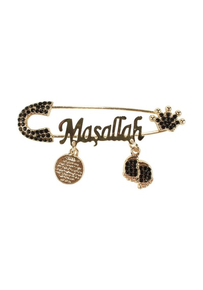 Unisex Siyah Taşlı Gold Maşallah Yazılı Bebek Yaka İğnesi Çok Renkli