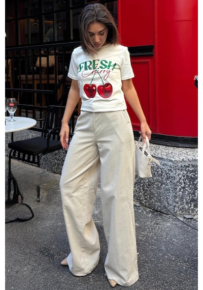 Madmext Çağla Yeşili Yüksek Bel Keten Wide Leg Pantolon Mg2718