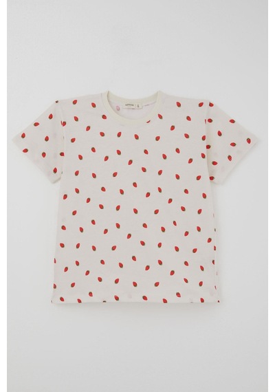 Breeze Kız Çocuk Şortlu Pijama Takımı Çilek Desenli 4-8 Yaş, Krem