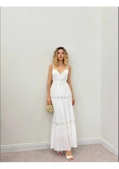 Elora Atelier Sırt Bağlama Dantelli Beyaz Maxi Elbise Çok Renkli