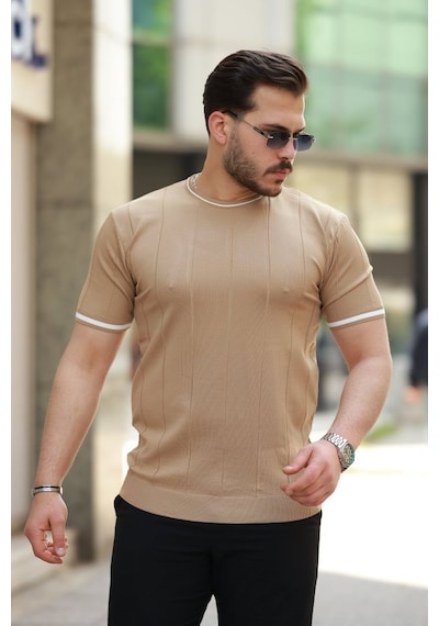 Erkek Bisiklet Yaka Çizgi Desenli Ribanalı Kısa Kollu Tshirt Altın